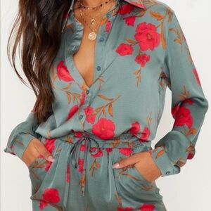 PrettyLittleThing Long Sleeve Green & Red Floral Top